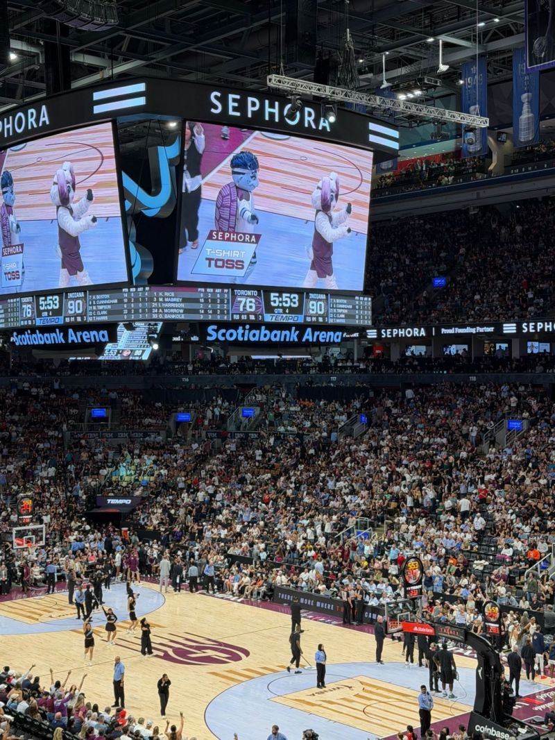 The Toronto Tempo and Indiana Fever game beneath the Scotiabank Arena scoreboard
